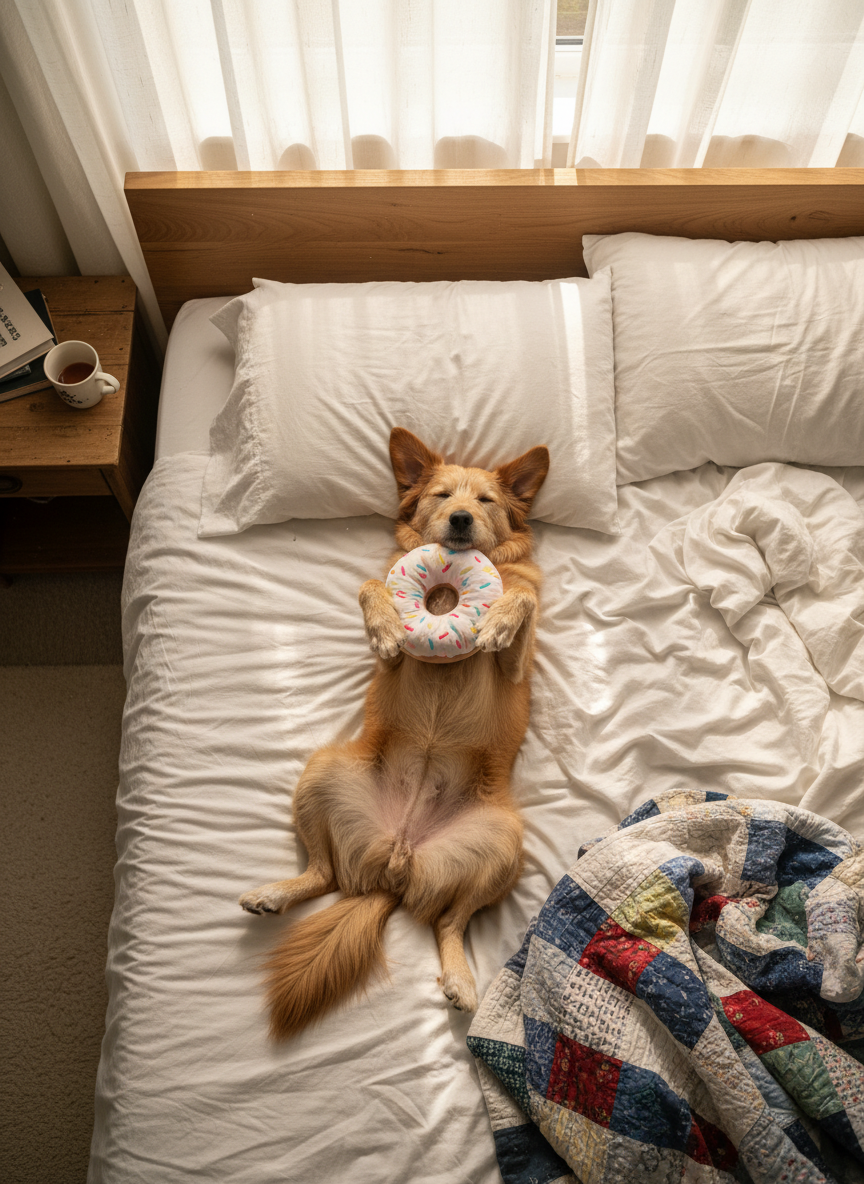 A cozy bedroom scene shows an unmade bed with rumpled white cotton sheets and a colorful quilt kicked toward the foot. Centered on the bed, a medium-sized dog with one floppy ear and a slightly crooked tail lies on its back, paws in the air, clutching a plush toy shaped like a donut. Golden hour light streams through gauzy curtains, bathing the room in a warm, honey-toned glow and sketching soft shadows along the headboard and nightstand. Shot in photographic realism from an overhead, bird’s-eye view, the composition uses clean lines and soft textures to create a playful, candid atmosphere, suggesting a carefree morning where the dog has clearly claimed the girl’s space as its own, without ever including a human figure.
