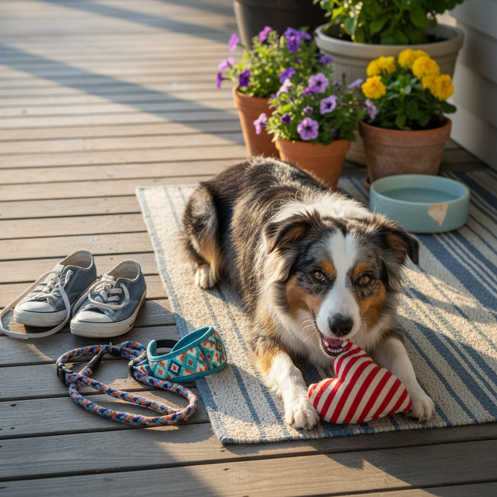 A sunlit front porch with weathered wooden planks features a neatly arranged pair of worn canvas sneakers beside a bright patterned dog harness and matching leash. A medium-sized dog with expressive eyes and a speckled coat lounges nearby on a faded outdoor rug, chewing on a soft toy shaped like a heart. Morning light creates crisp, cheerful highlights and long, gentle shadows, while potted flowers and a slightly chipped ceramic bowl of water sit in the background. Photographic realism with a slightly elevated angle and rule-of-thirds composition emphasizes the dog as the story’s hero, evoking a playful, ready-for-adventure mood that hints at daily life updates between inseparable companions, yet never revealing any humans.
