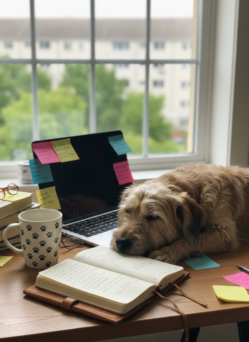 A messy but charming writing desk sits against a large window, its surface scattered with a slim laptop, open journal, colorful sticky notes, and a ceramic mug with a tiny paw-print pattern. A small, mixed-breed dog curls up on the desk beside the laptop, chin resting on the keyboard, eyes half-closed in sleepy contentment. Soft overcast daylight diffuses through the window, creating even, flattering illumination and subtle reflections on the laptop screen. In photographic realism, the scene is shot from a slightly elevated three-quarter angle with a shallow depth of field, blurring the leafy trees and apartment buildings outside. The atmosphere feels playful and quietly productive, as if the dog is co-authoring the latest life update blog post, reinforcing the bond between pet and unseen owner.
