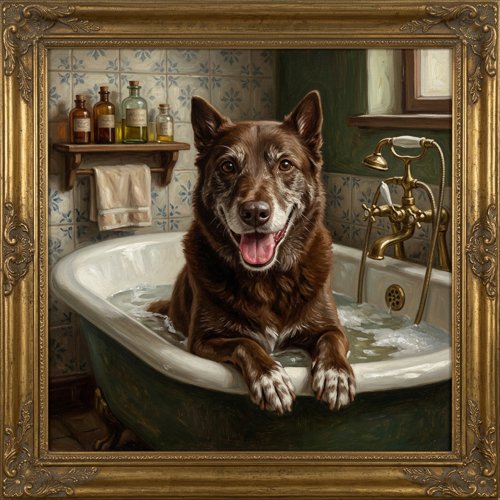 Brown dog sitting in a filled clawfoot bathtub with vintage faucet and tiled wall.